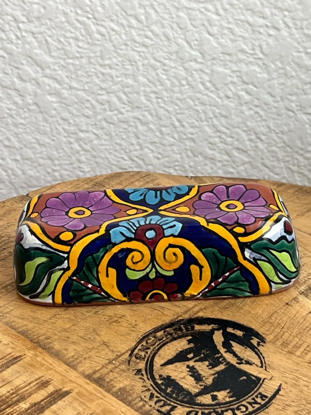 Mexican Folk Art Handmade Talavera Red Clay Pottery Butter Dish Colorful